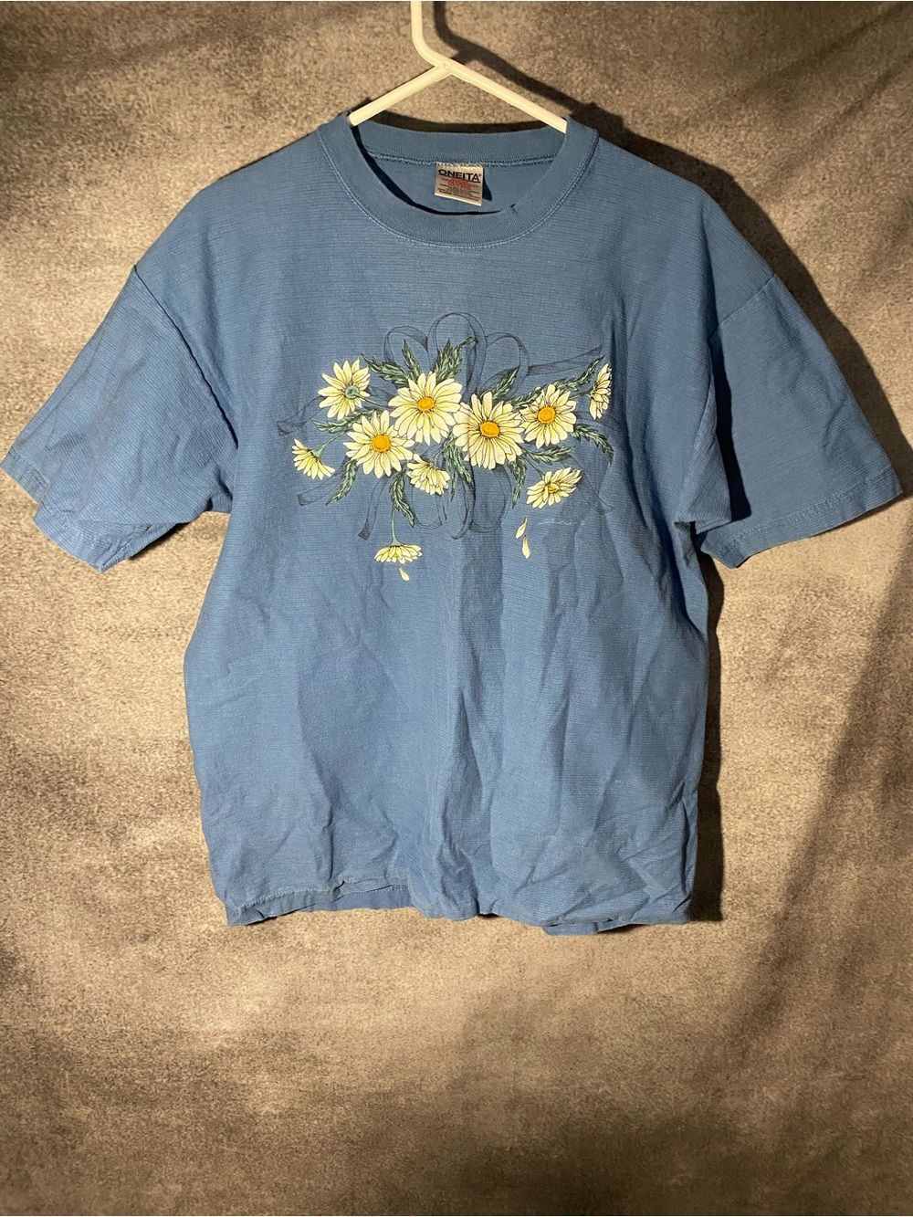 Oneita Super Heavyweight T Shirt XL Blue Floral Daisy Graphic Single Stitch 90s